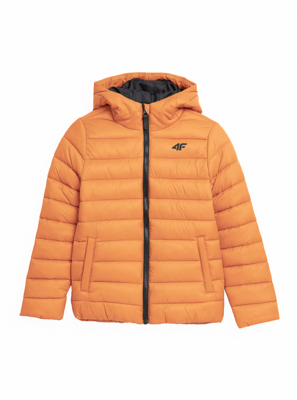Jacheta pentru baieti calduroasa cu puf sintetic si gluga integrata portocalie / 4F JUNIOR