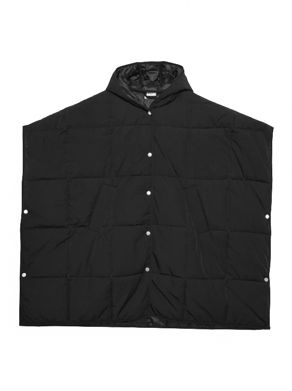 Jacheta pentru femei tip poncho din puf sintetic cu gluga integrata si inchidere laterala cu capse neagra / OUTHORN