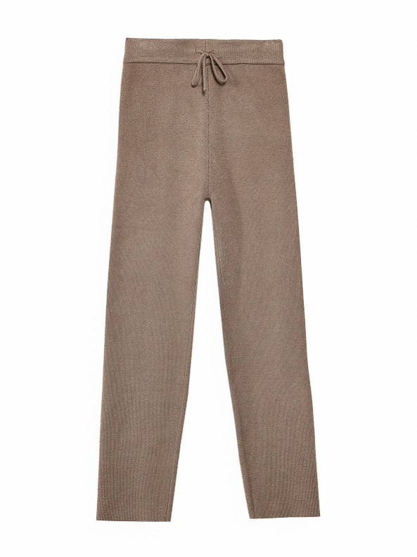 Pantaloni lungi pentru femei tricotati cu talie inalta si talie reglabila cu snur culoare maro deschis / OUTHORN
