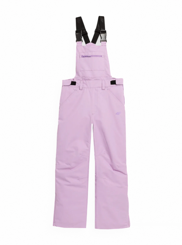 Pantaloni lungi pentru fete cu membrana impermeabila 10 000 bretele reglabile si buzunar la piept roz / 4F JUNIOR