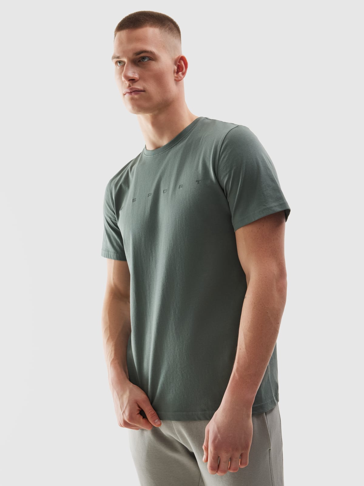 Tricou monocolor kaki pentru barbati din bumbac organic si decolteu rotund 4F