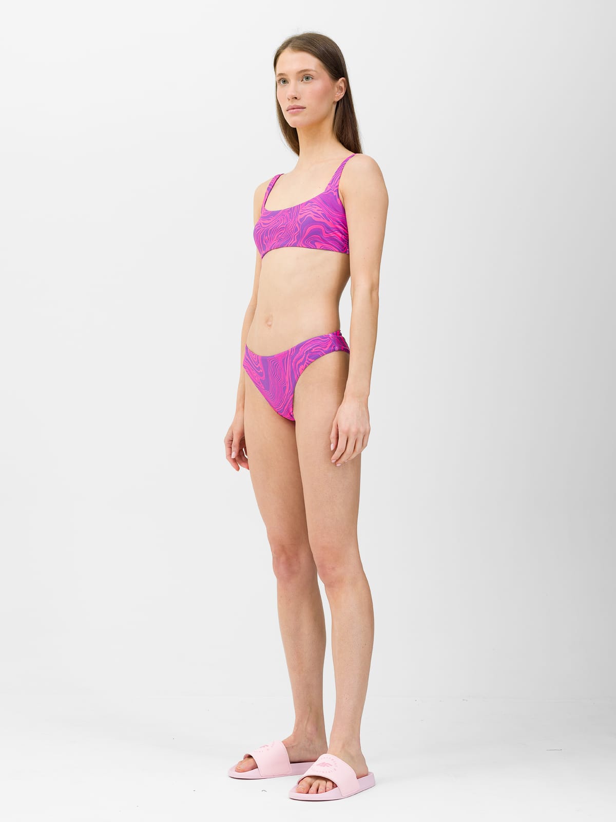 Slip de baie roz melanj pentru femei cu imprimeu artistic si talie joasa 4F