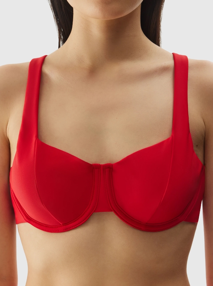 Top de baie rosu pentru femei cu cupe tip balconette cu armatura 4F