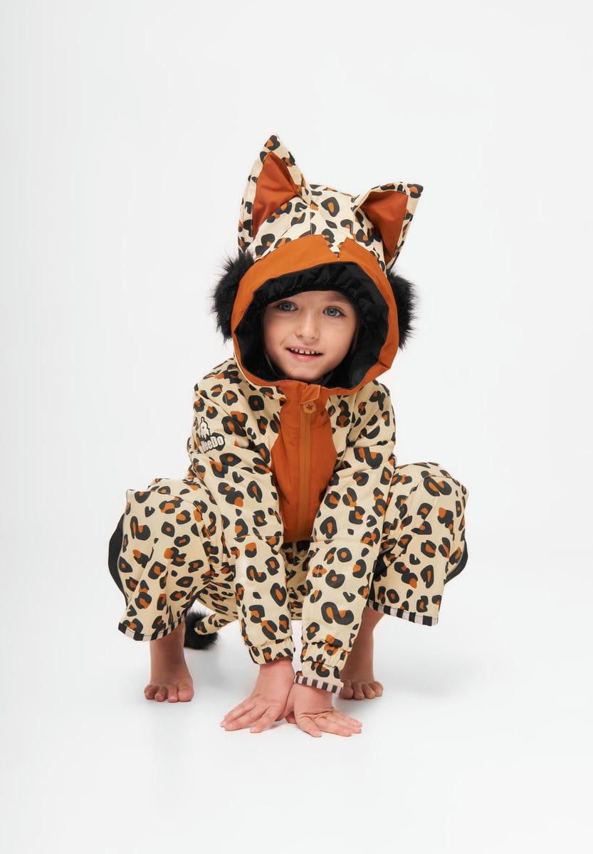 Costum de ski leopard bej pentru copii – stil și adaptabilitate