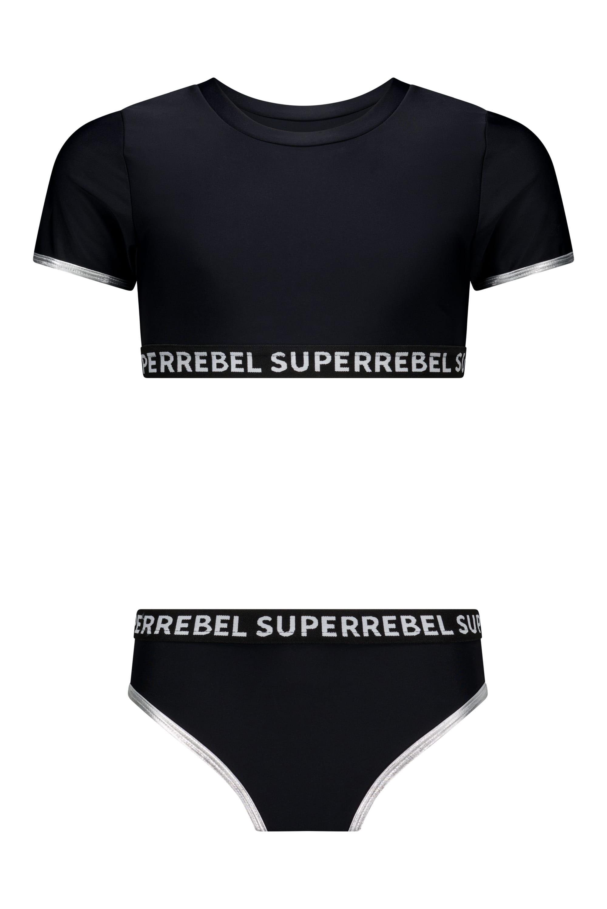 Crop top și Bikini fete negru cu mânecă scurtă, bandă elastică și protecție solară UPF 50+